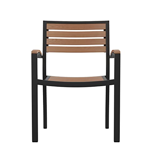 Stackable Aluminum Patio Chair - Set of 2 All-Weather Black Framed Side Chair with Faux Teak Slats - Commerical Grade