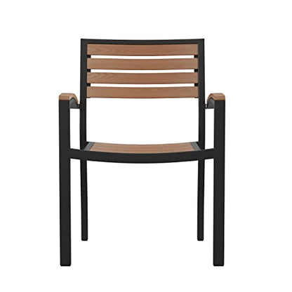 Stackable Aluminum Patio Chair - Set of 2 All-Weather Black Framed Side Chair with Faux Teak Slats - Commerical Grade