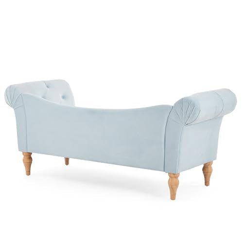 Ucal Velvet Upholstered End of Bed Ottoman, Wooden Living Room Ottoman Bench with Curved Arms, Long Entryway Bench with Button Tufting, Long Seating for Bedroom, Light Blue
