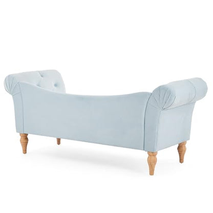 Ucal Velvet Upholstered End of Bed Ottoman, Wooden Living Room Ottoman Bench with Curved Arms, Long Entryway Bench with Button Tufting, Long Seating for Bedroom, Light Blue