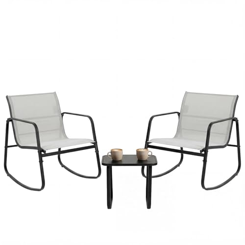 3 Piece Patio Rocking Furniture Set，Outdoor Patio Furniture Conversation Set with Table, Patio Sectional Bistro Sets for Lawn, Garden, Balcony, Poolside (Gray)