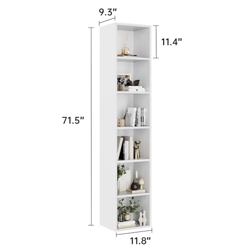 Narrow Bookshelf, 6-Tier Open Bookcase, Coner Shelf, Storage Shelves, Display Storage Shelves, Floor Standing Unit, Home Decor, Furniture for Home Office, Living Room, Bedroom, White