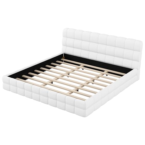 JIVOIT King Size Upholstered Platform Bed with Headboard, Berber Fleece Fabric (White & 12,King)