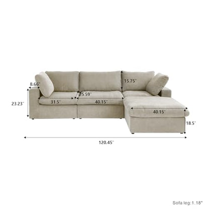 Cloud Modular Sectional Sofa with Storage Ottoman,120.45" L Shaped Couch for Living Room,Down Filled Convertible Couch Deep Seat for Office Apartment,Covers Washable&Replaceable,Khaki