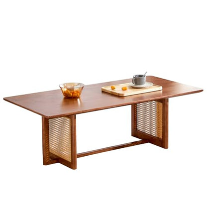 Coffee Table for Living Room, Rectangle Solid Wood Table Top, Modern Imitation Rattan Coffee Table, Cross Table Legs Tea Table for Apartment Small Space (Walnut)