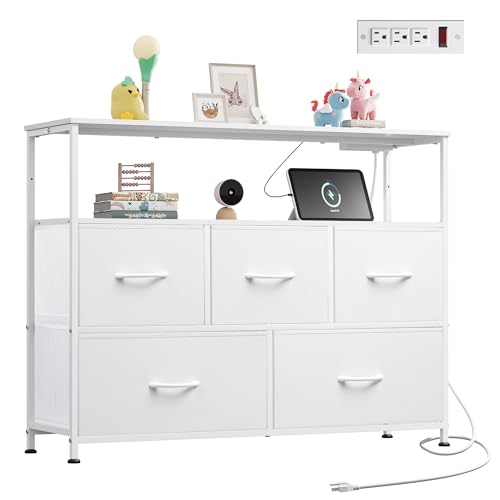White Dresser for Bedroom with 5 Drawers，Fabric Dresser with Charging Station, view 2