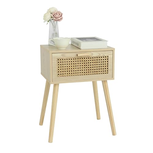 Rattan Nightstand, Bedside Table with Rattan Drawer, Wood End Table with Storage and Solid Wood Legs for Bedroom Living Room Small Space (Walnut)
