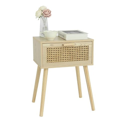 Rattan Nightstand, Bedside Table with Rattan Drawer, Wood End Table with Storage and Solid Wood Legs for Bedroom Living Room Small Space (Walnut)