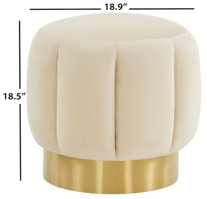 SAFAVIEH Couture Collection Maxine Glam Cream Velvet/Gold Channel Tufted Upholstered Round Ottoman for Living Room Bedroom Vanity Foot Stool (Fully Assembled)