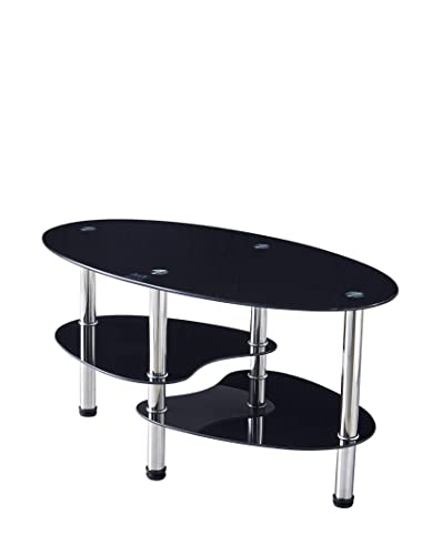 Oval-Shaped Glass Tea Table for Office, 3-Tier Modern Coffee Table, End Table for Living Room (Black)