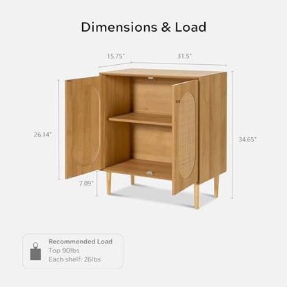 Rattan Storage Cabinets with Shelves, Narrow Cabinet with Storage, Sideboard Cabinet with Doors, Rattan Cabinets for Kitchen Dining Room Living Room, Natural Oak
