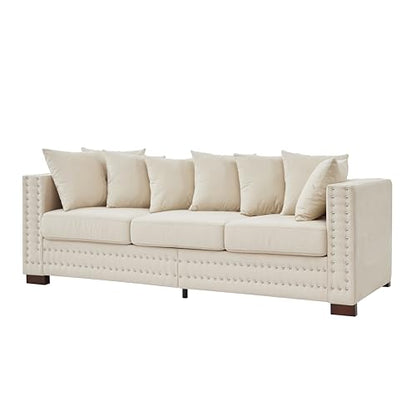 GDFStudio 84.5" Mid-Century Modern Sofa with Storage, 3 Seater Deep Seat Upholstered Velvet Sofa Couch, Silver Nailhead and Square Arms, Solid Wood Legs, Accent Sofa for Living Room Bedroom, Apricot