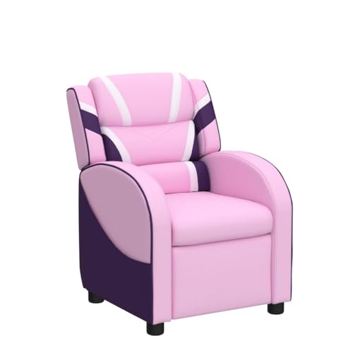 Kids Recliner, Gaming Recliner Chair w/Footrest, Headrest, Lumbar Support & Side Pockets, Ergonomic Leather Lounge Chair for Living & Gaming Room, Adjustable Recliner Sofa for Boys Girls, Pink