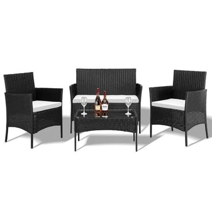 4 Pieces Patio Furniture Set, Rattan Conversation Sets, Black | Loveseat with Soft Cushion, Glass Table for Garden Backyard Balcony Porch Poolside
