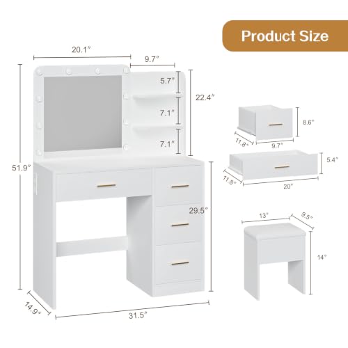 White Vanity Desk with Lighted Mirror and 4 Drawers, view 3