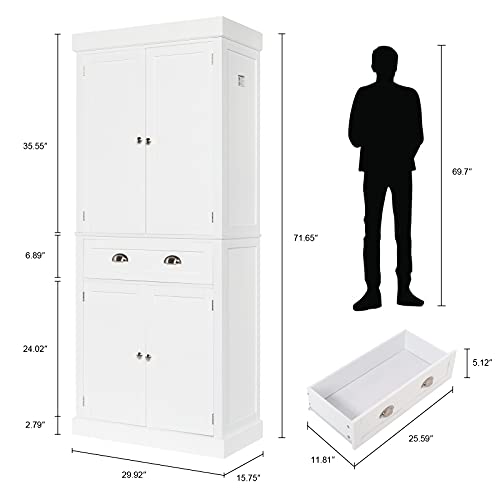 71-Inch White Storage Cabinets with Drawers, Freestanding Pantry Cabinets with Doors and Shelves Adjustable, Wood Farmhouse Kitchen Pantry Cupboard