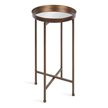 Celia Round Metal Foldable Accent Table with Mirror Tray Top, Bronze