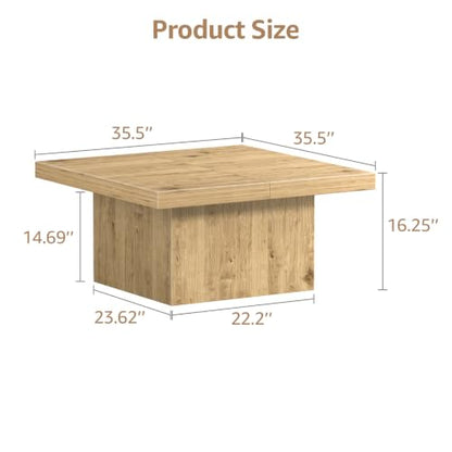 Light Walnut 35.5 Inch Square Coffee Table, Modern Organic Farmhouse Coffee Table for Living Room, Engineered Wood with Eco-Friendly Laminate Veneer Center Table, Block Base