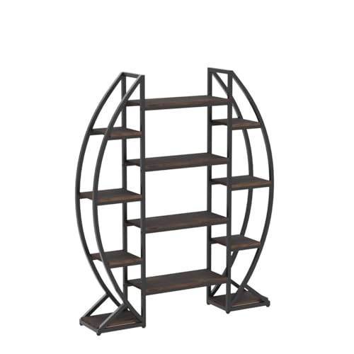 Tribesigns Oval Bookshelf, Triple Wide 5 Tier Etagere Bookcase, Industrial Display Shelves for Living Room (Brown, 55")