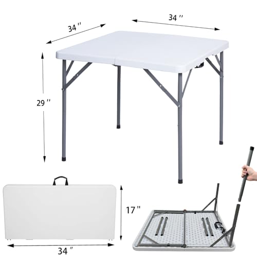 34" Square Folding Table, Fold-in-Half Utility Dining Portable Table Heavy Duty HDPE Plastic Foldable with Carrying Handle Indoor Outdoor for Picnic, Party