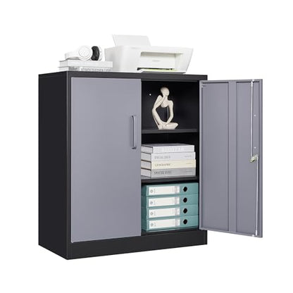 STANI Metal Storage Cabinet with 2 Adjustable Shelves Steel Counter Cabinet with Lockable Doors for Home Office