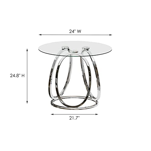Silver End Table for Living Room, Glass Side Table for Bedroom, Modern Round Glass Nightstand with Metal Frames for Home Office, Chrome Finish, 1 PC