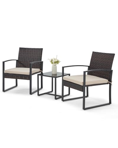 3 Pieces Patio Furniture Set, Outdoor Rattan Bistro Set with Coffee Table, Durable Steel Frame with Strapped Cushions for Garden, Balcony, Poolside, Backyard