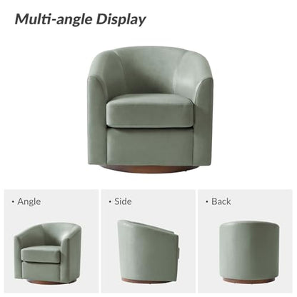 Genuine Leather Swivel Barrel Chair, Round Swivel Accent Chair with Solid Wood Base, No Assembly Required, Sage