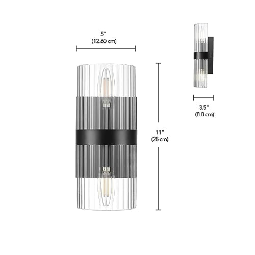 65000050 2-Light Wall Sconce, Matte Black, Ribbed Glass Shade, E12 Base Sockets, Lights for Living Room, Home Decor, Lighting, Mounted Bedside Lamp
