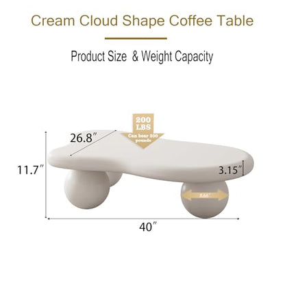 40" Irregular Cloud Coffee Table Asymmetrical Tea Table Low Coffee Table Unique Center Tables with 3 Ball Legs for Living Room Office Apartment Modern Furniture Cream White
