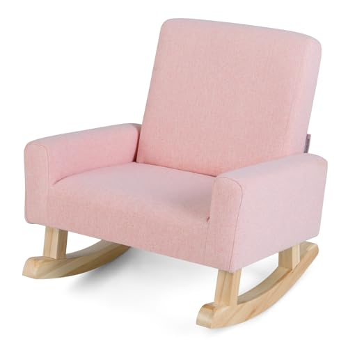 Toddler Rocking Chair, Kids Rocker with Solid Wood Legs & Linen Fabric, Anti-Tipping Design, Toddler Couch for Kids Room, Playroom, Nursery, Bedroom (Pink)
