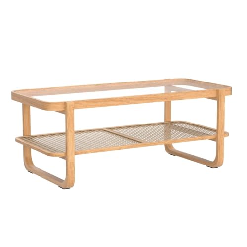 Rattan Coffee Table with Tempered Glass Top,Wood Coffee Table for Living Room,Glass Top with Imitation Rattan Storage Shelf, Rectangle Coffee Table for Living Room