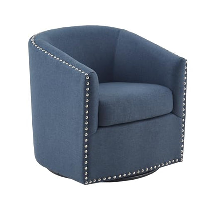 Swivel Barrel Accent Chair, Upholstered Curved Back with 7-Inch Thick Woven Cushion, 360° Swivel, Nailhead Trim, Comfy Chair for Living Room, Bedroom, Office, 28" Wide, Blue, Tyler