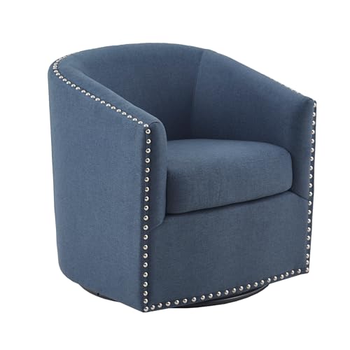Swivel Barrel Accent Chair, Upholstered Curved Back with 7-Inch Thick Woven Cushion, 360° Swivel, Nailhead Trim, Comfy Chair for Living Room, Bedroom, Office, 28" Wide, Blue, Tyler