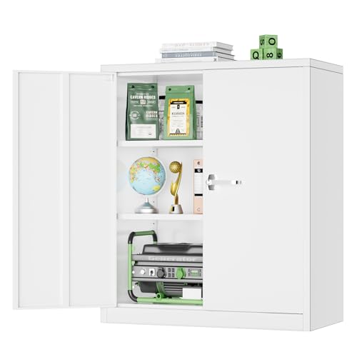 36” Metal Storage Cabinet, Locking Steel Storage Cabinet with 2 Doors and 2 Adjustable Shelves, Small Lockable Tool Storages Cabinet for Garage, Home, Office (White)