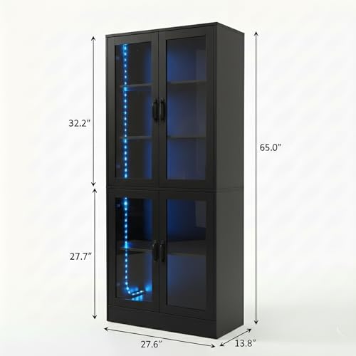 Modern Black 5-Tier Display Cabinet with Glass Doors and LED Lights, 65" Tall Storage Bookshelf, 4-Door Freestanding Curio Cabinet for Living Room, Home Office
