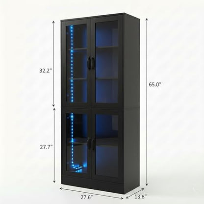Modern Black 5-Tier Display Cabinet with Glass Doors and LED Lights, 65" Tall Storage Bookshelf, 4-Door Freestanding Curio Cabinet for Living Room, Home Office