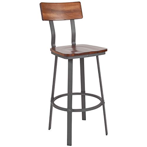 Flint Series Rustic Walnut Restaurant Barstool with Wood Seat & Back and Gray Powder Coat Frame
