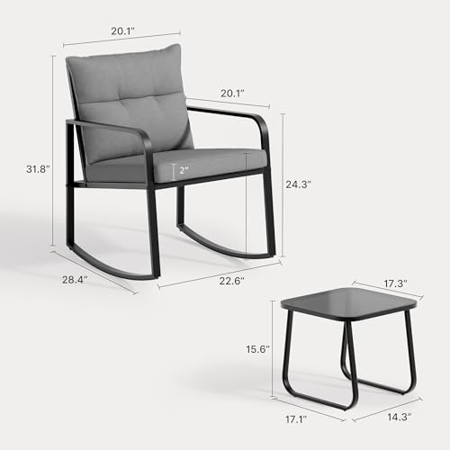 3 Piece Rocking Bistro Set, Black Steel Patio Furniture, Porch Chairs Conversation Set with Glass Coffee Table, Back Cushion, for Balcony, Garden, Deck, Backyard, Grey