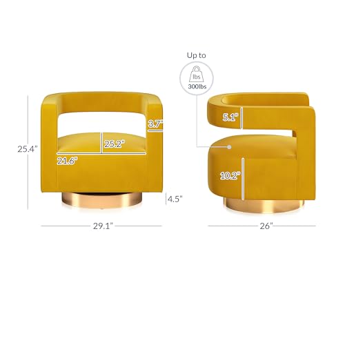 Swivel Barrel Accent Chair, Modern Upholstered Arm Comfy Velvet Curved Back Round Chair with Gold Base Wood Frame, 360 Degree for Living Room Bedroom Office,Yellow