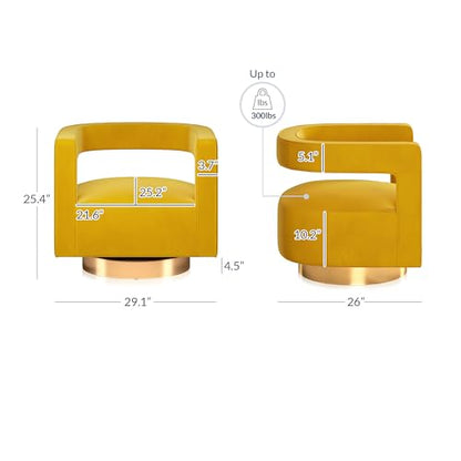 Swivel Barrel Accent Chair, Modern Upholstered Arm Comfy Velvet Curved Back Round Chair with Gold Base Wood Frame, 360 Degree for Living Room Bedroom Office,Yellow