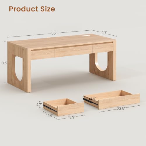 55" Modern Executive Office Desk with 3 Drawers, Light Oak, view 3