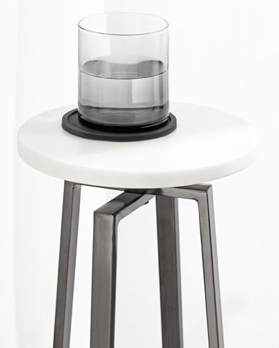 Zia Modern Marble Round Drink Table; 9 x 9 x 23; White and Gray Gunmetal; Decorative Pedestal Table for Living Room Display and Storage