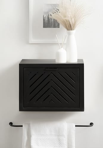 Mezzeta Modern Floating Shelf Side Table with Storage Cubby; 16 x 10 x 12; Black; Decorative Slatted Wood Floating Nightstand with Pull Down Door for Use as Bathroom Storage