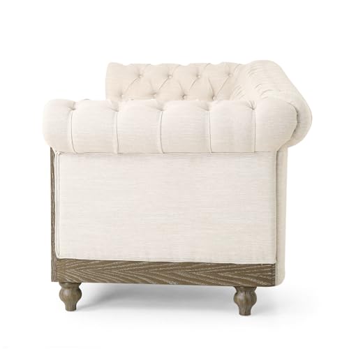 LUMISOL 3-Seat Sofa with Rivet Detailing for Living Room, Retro Style Sofa Couch Furniture with Wooden Legs, Loveseat with Pull-tab Backrest for Apartments Office, Beige