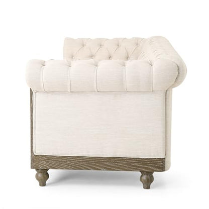 LUMISOL 3-Seat Sofa with Rivet Detailing for Living Room, Retro Style Sofa Couch Furniture with Wooden Legs, Loveseat with Pull-tab Backrest for Apartments Office, Beige