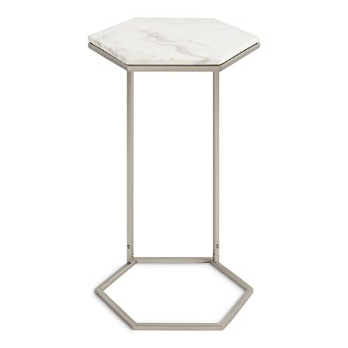 Trillion Modern C-Table; 16 x 14 x 28; Silver; Chic Marble Accent End Table with Geometric Hexagon Top