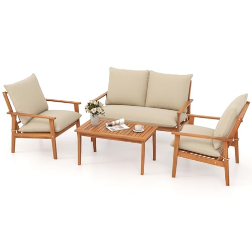4 Pieces Patio Furniture Set, Outdoor Acacia Wood Conversation Set with Soft Cushions and Coffee Table, Outdoor Sectional Sofa Set for Lawn, Garden, Backyard and Poolside (1, Natural)