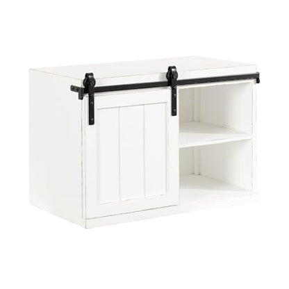Cates Decorative Wood Floating Side Table with Sliding Barn Door; 20 x 12 x 15; Rustic White; Farmhouse Wooden Floating Wall Cabinet for Versatile Home Storage
