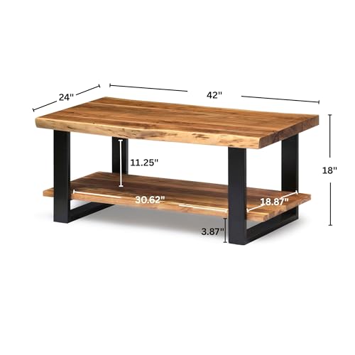 Alpine 2-Tier Live Edge Coffee Table – 42" Solid Acacia Wood with Natural Finish, Lower Shelf Storage and Metal Frame – Rustic Industrial Style for Living Room or Home Office